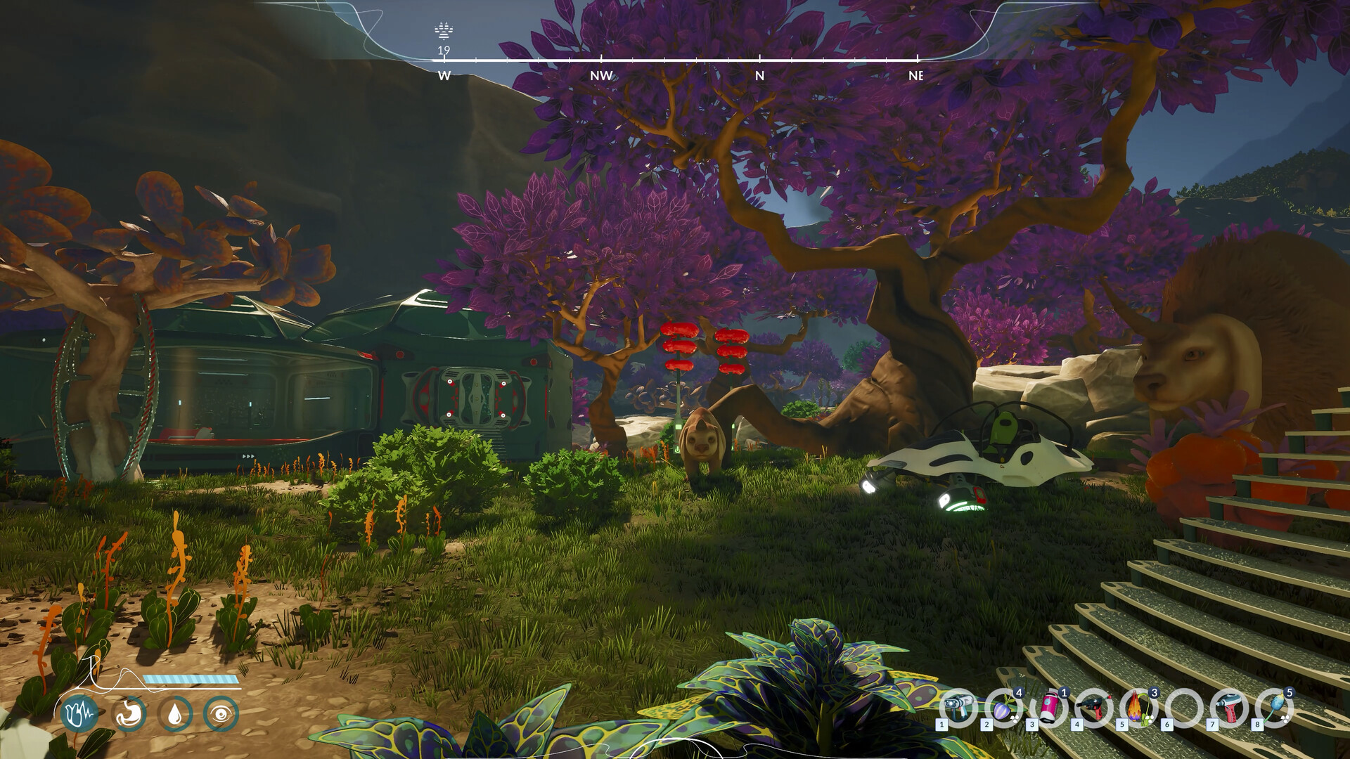 Night biome with purple tree forest and base at night — Honeycomb: The World Beyond
