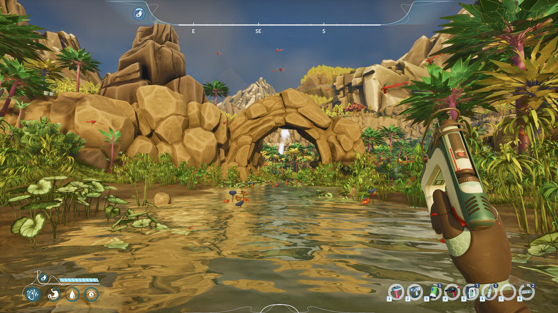 River crossing biome — lush tropical plants, stone arch, waterfall — Honeycomb: The World Beyond