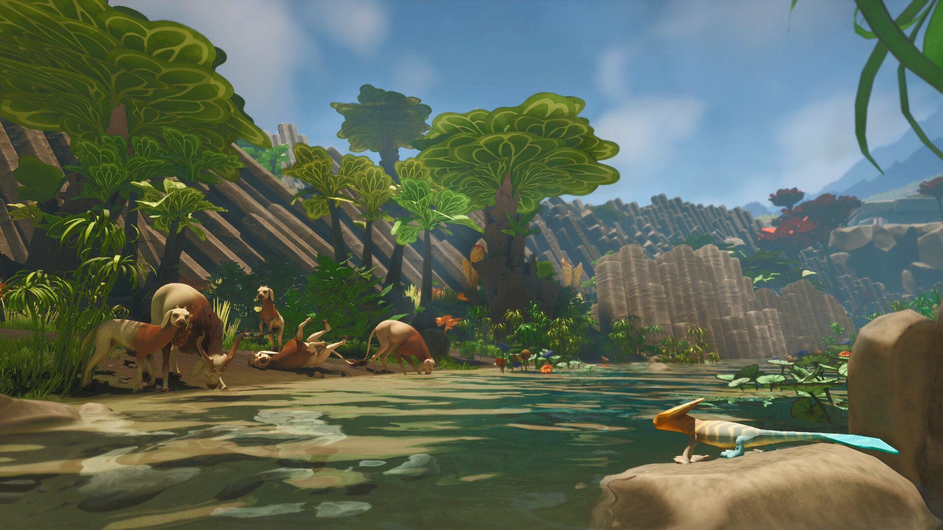 Open meadow biome — alien herd fauna at waterhole — Honeycomb: The World Beyond