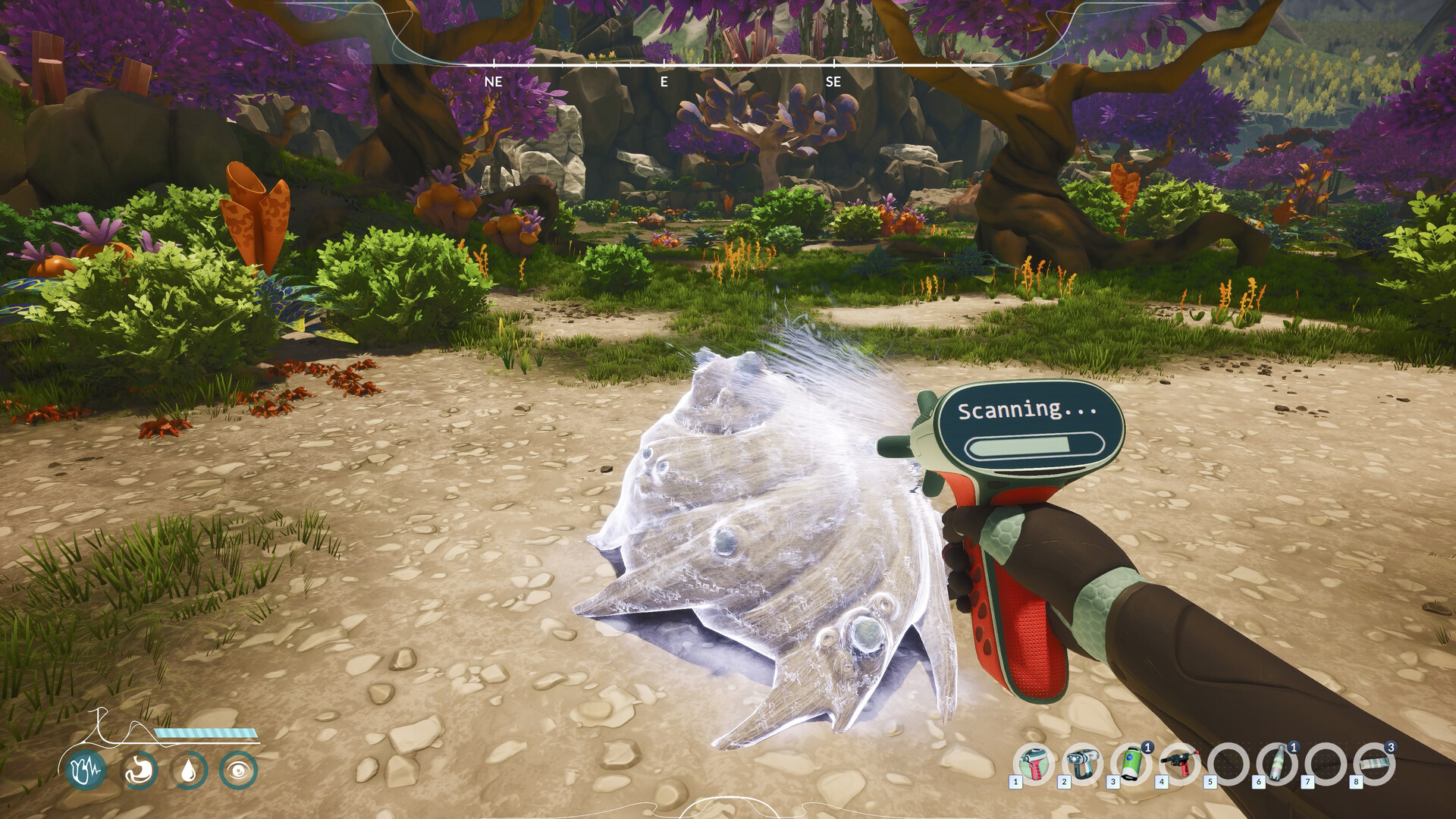 Amber Plains biome — sandy soil, purple alien trees, orange stalks — Honeycomb: The World Beyond